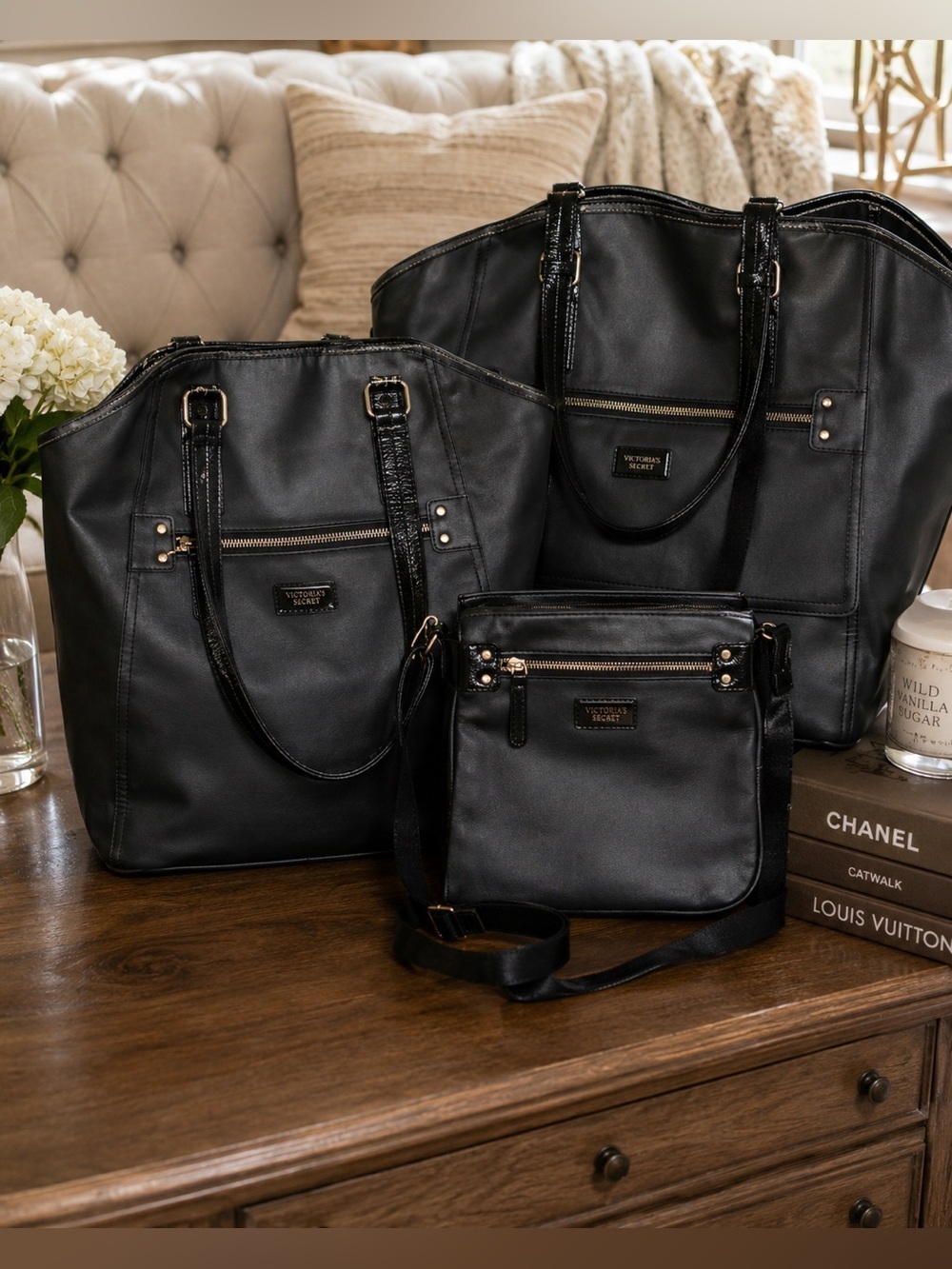 Victoria’s Secret Black Tote Bag Set 3-Piece VS Shoulder Bag & Crossbody Bundle